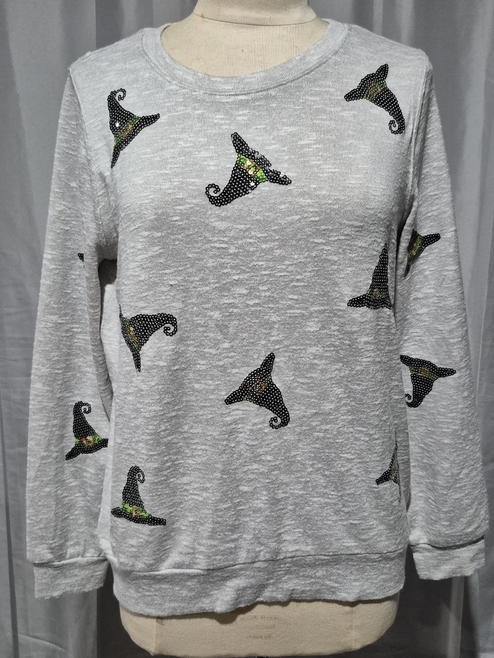 Light Gray Embellished Crewneck Sweater with Witch Hat Motifs
